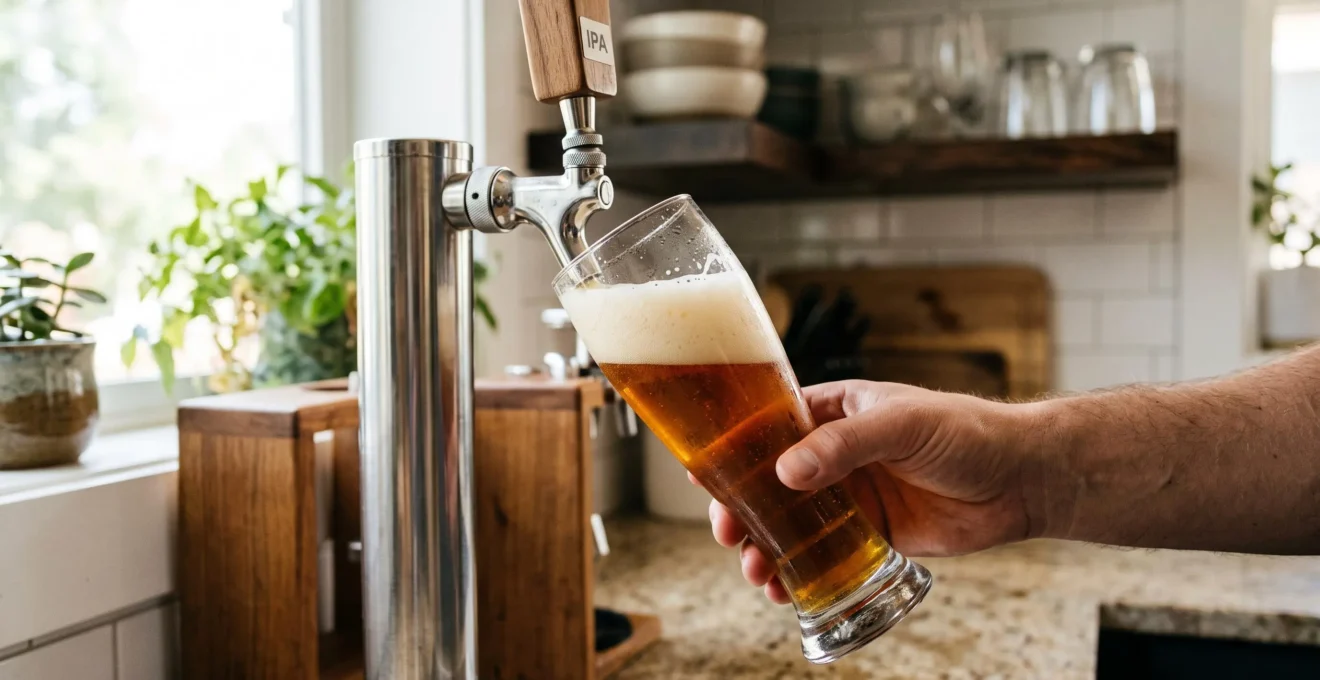 Une main remplit un verre flûte allongé de bière sous le robinet, la mousse affleurant le bord.