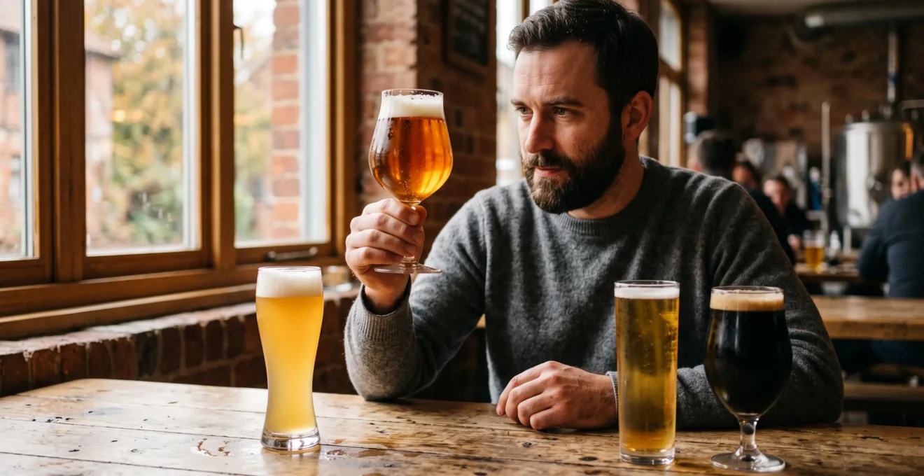 Un expert observe la mousse d'une bière dans un verre tulipe devant plusieurs verres différents.