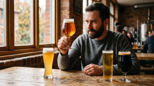 Un expert observe la mousse d'une bière dans un verre tulipe devant plusieurs verres différents.